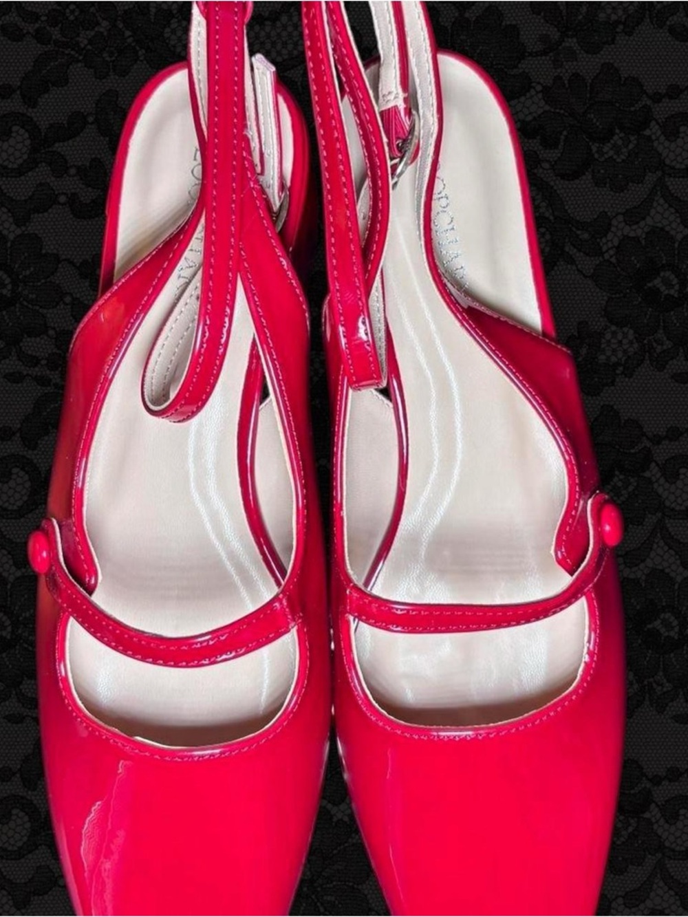 NIB Cherry Red Patent Mary Jane Block Heels Square Toe Slingback Size 8